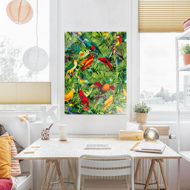 Quadros em vidro flores Colourful Collage - Parrots In The Jungle