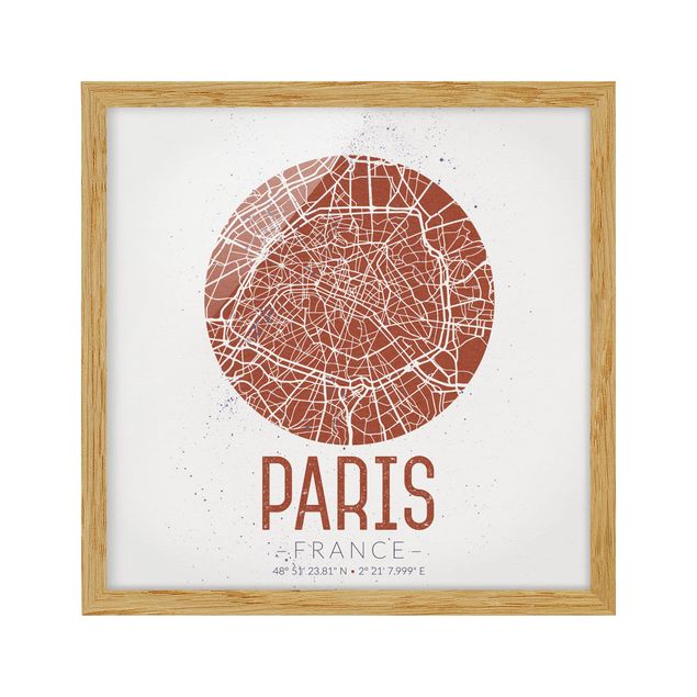 Quadros com moldura frases City Map Paris - Retro