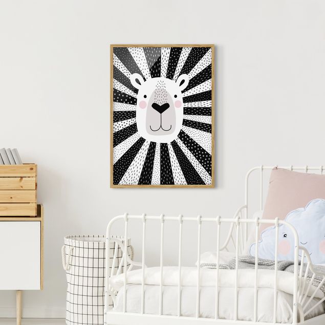 Quadros com moldura em preto e branco Zoo With Patterns - Lion