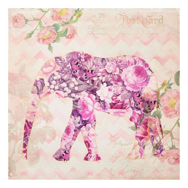 Quadros em vidro flores Vintage Collage - Pink Flowers Elephant