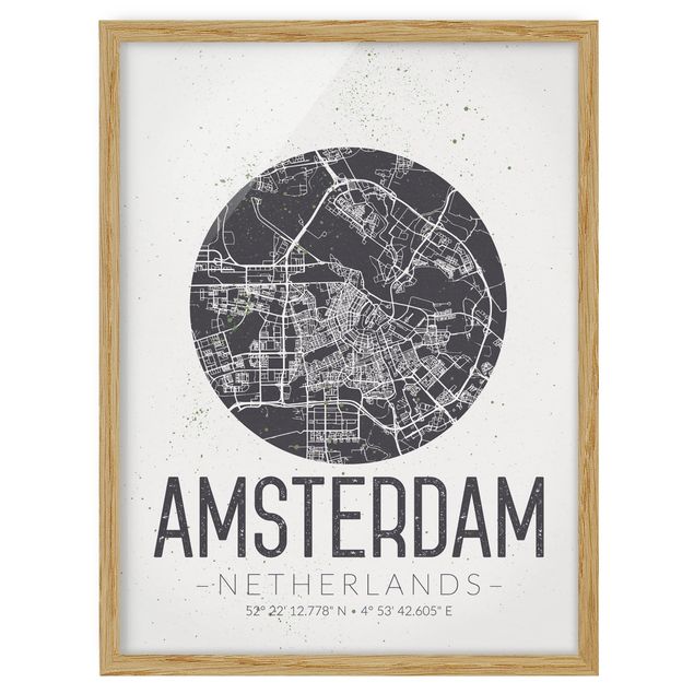 Quadros com moldura mapa-múndi Amsterdam City Map - Retro