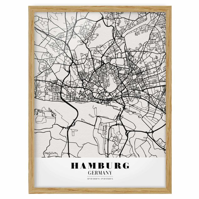 Quadros com moldura mapa-múndi Hamburg City Map - Classic