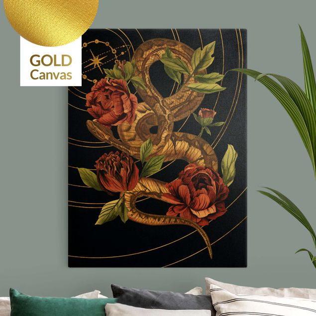Quadros florais Snake With Roses Black And Gold IV