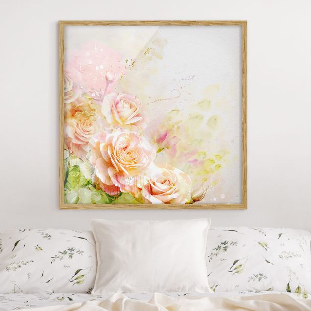 Quadros com moldura flores Watercolour Rose Composition