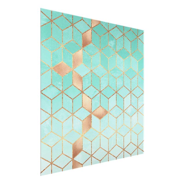 Quadros em vidro abstratos Turquoise White Golden Geometry