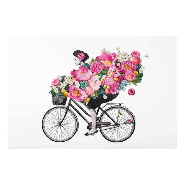 quadros flores Illustration Woman On Bicycle Collage Colourful Flowers