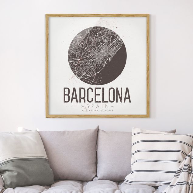 Quadros com moldura em preto e branco Barcelona City Map - Retro
