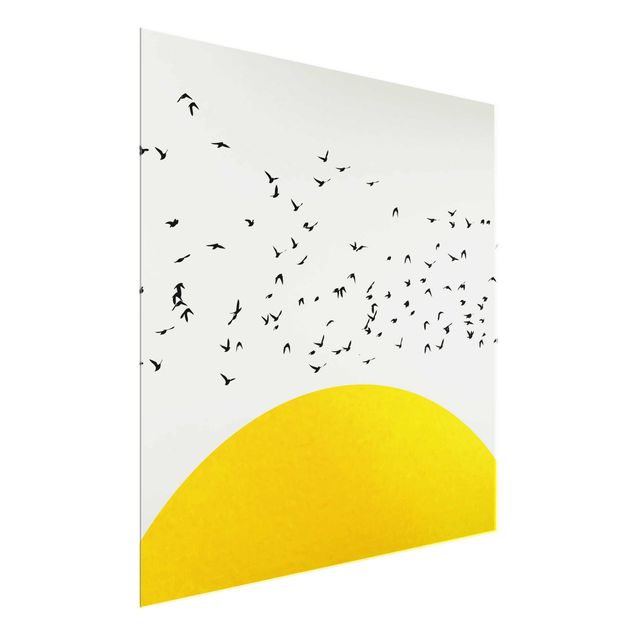 Quadros em vidro paisagens Flock Of Birds In Front Of Yellow Sun