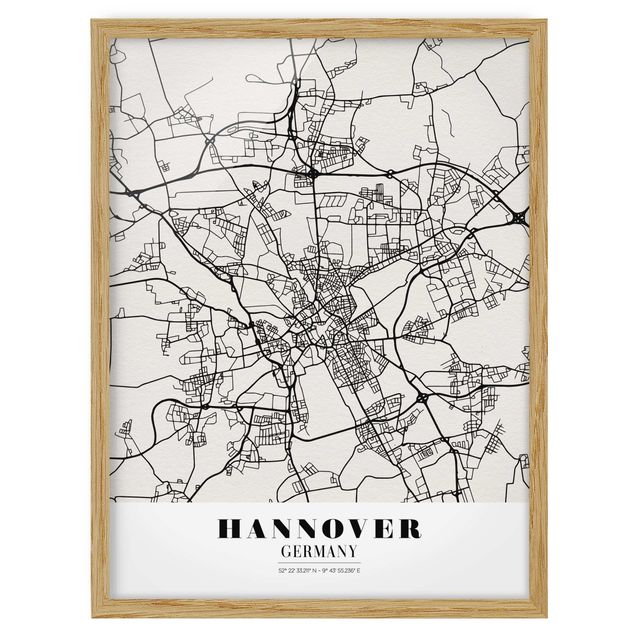 Quadros com moldura mapa-múndi Hannover City Map - Classic