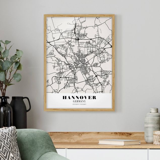 Quadros com moldura em preto e branco Hannover City Map - Classic