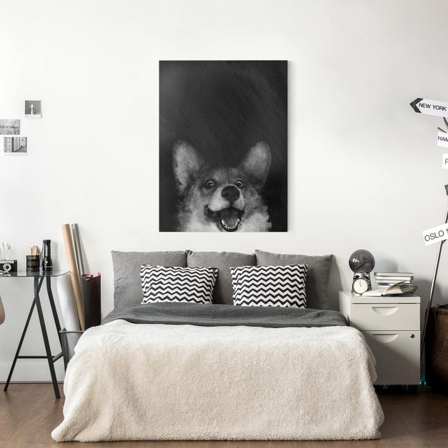 Telas decorativas cães Illustration Dog Corgi Paintig Black And White