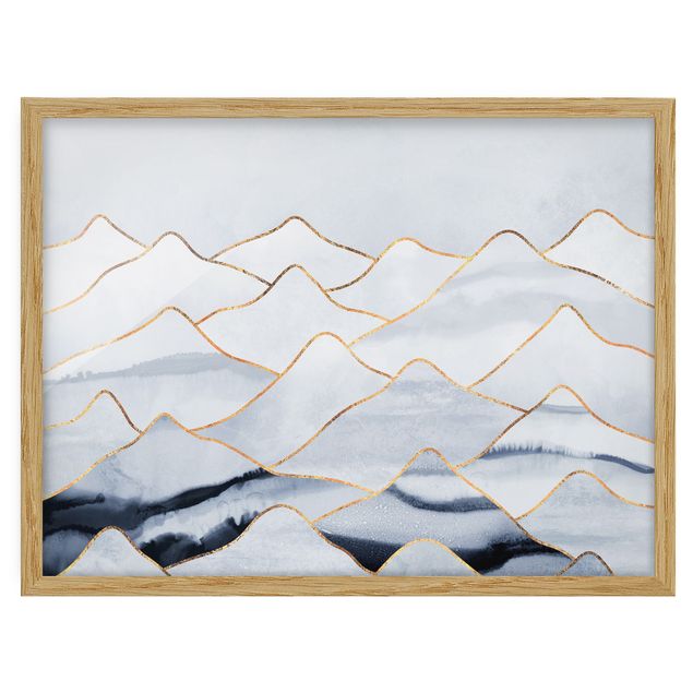 Quadros com moldura paisagens Watercolour Mountains White Gold