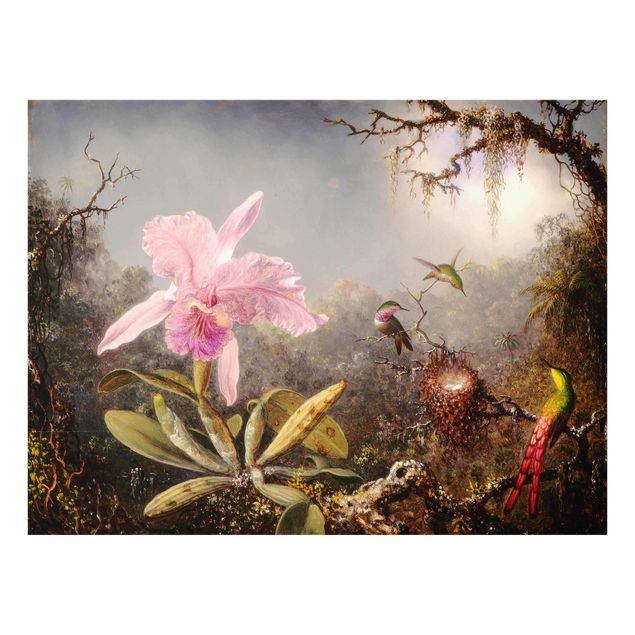 Quadros em vidro flores Martin Johnson Heade - Orchid And Three Hummingbirds