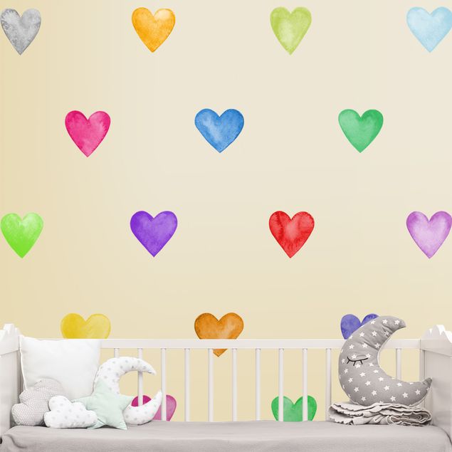 Autocolantes de parede amor 35 Watercolour Hearts Different Colours