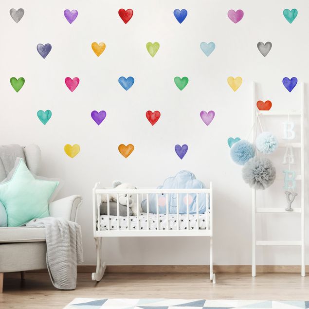 Autocolantes parede 35 Watercolour Hearts Different Colours