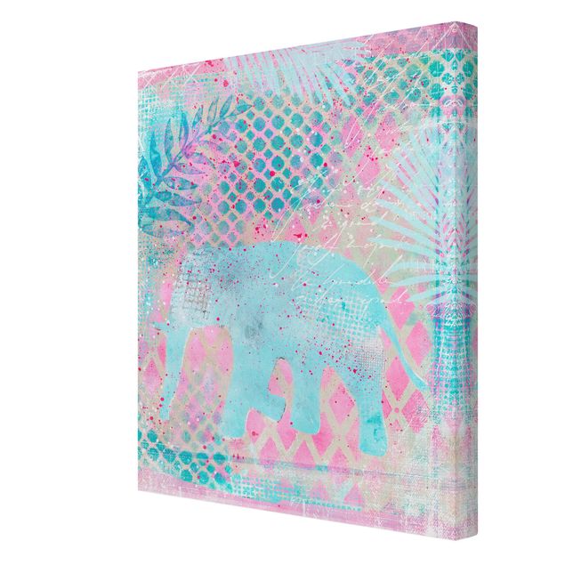 Quadros florais Colourful Collage - Elephant In Blue And Pink