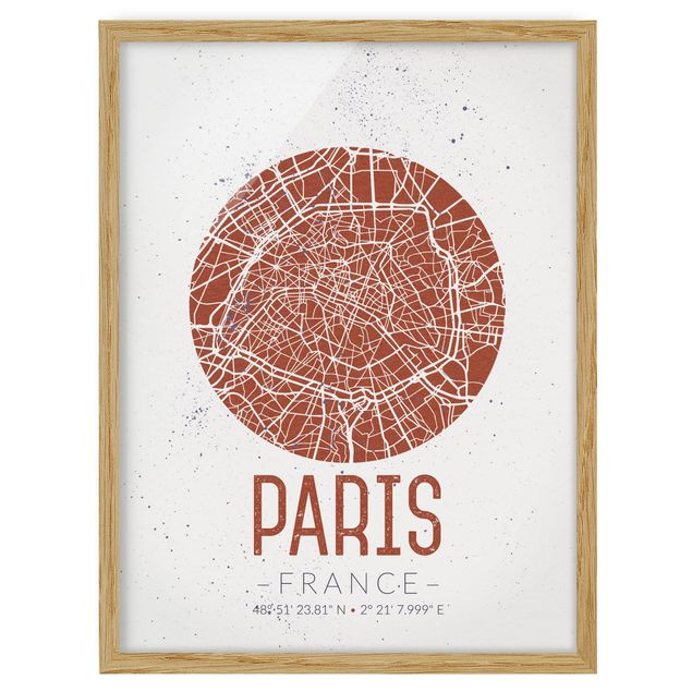 Quadros com moldura frases City Map Paris - Retro