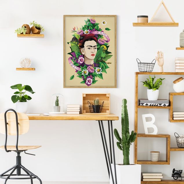 Quadros com moldura flores Frida Kahlo - Frida, Monkey And Parrot