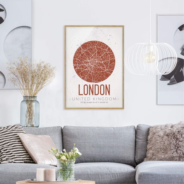 Quadros com moldura em preto e branco City Map London - Retro