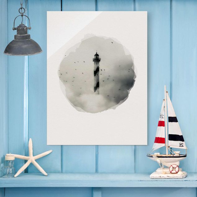 quadros preto e branco para decoração WaterColours - Lighthouse In The Fog
