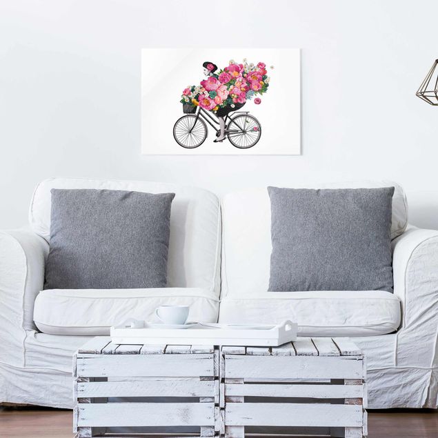 decoraçao cozinha Illustration Woman On Bicycle Collage Colourful Flowers