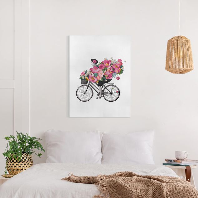Telas decorativas flores Illustration Woman On Bicycle Collage Colourful Flowers