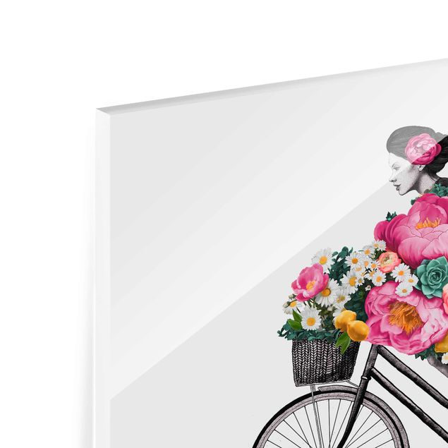 Quadros de Laura Graves Art Illustration Woman On Bicycle Collage Colourful Flowers
