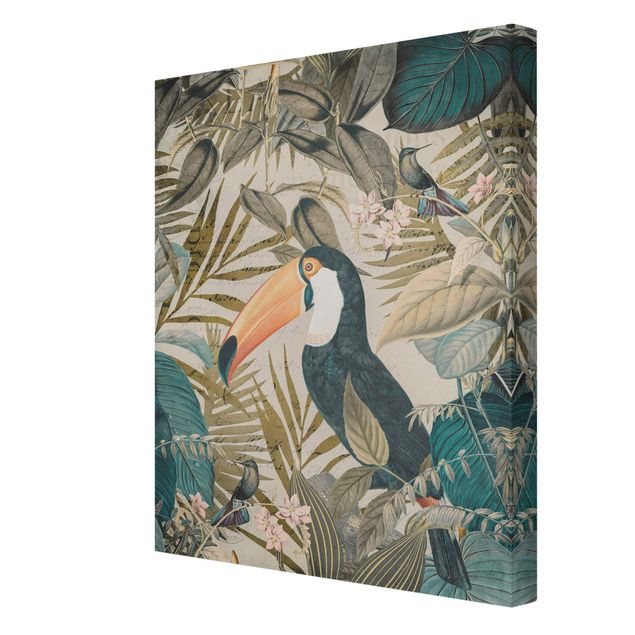 quadro com flores Vintage Collage - Toucan In The Jungle