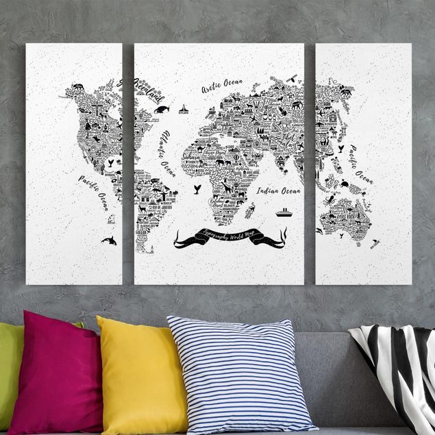 Telas decorativas em preto e branco Typography World Map White
