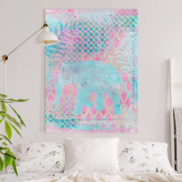 Telas decorativas elefantes Colourful Collage - Elephant In Blue And Pink