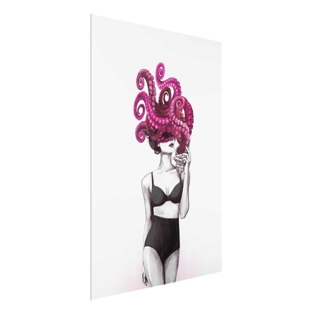 Quadros em vidro atos e eróticos Illustration Woman In Underwear Black And White Octopus
