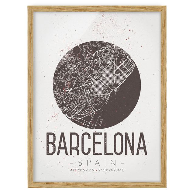 Quadros com moldura mapa-múndi Barcelona City Map - Retro