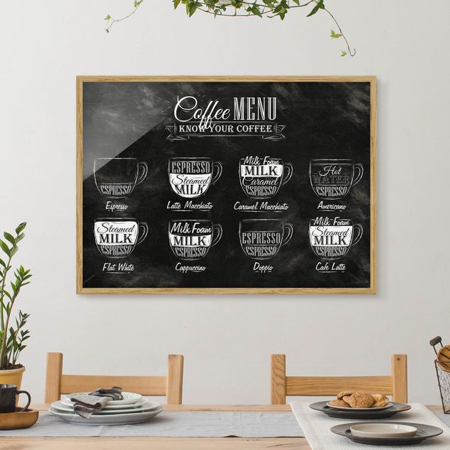 Quadros com moldura em preto e branco Coffee Varieties Chalkboard