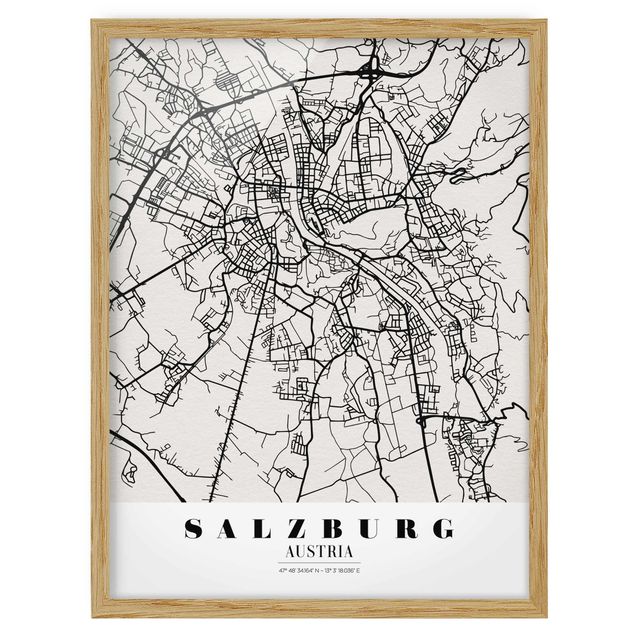 Quadros com moldura mapa-múndi Salzburg City Map - Classic