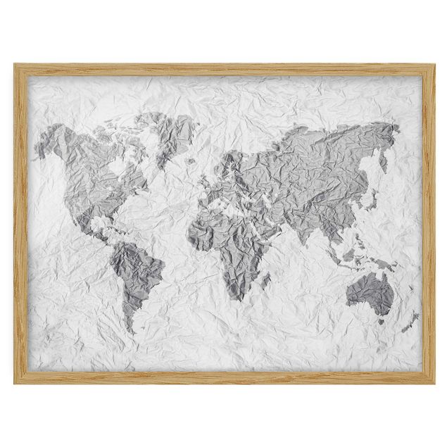 quadro mapa mundo Paper World Map White Grey