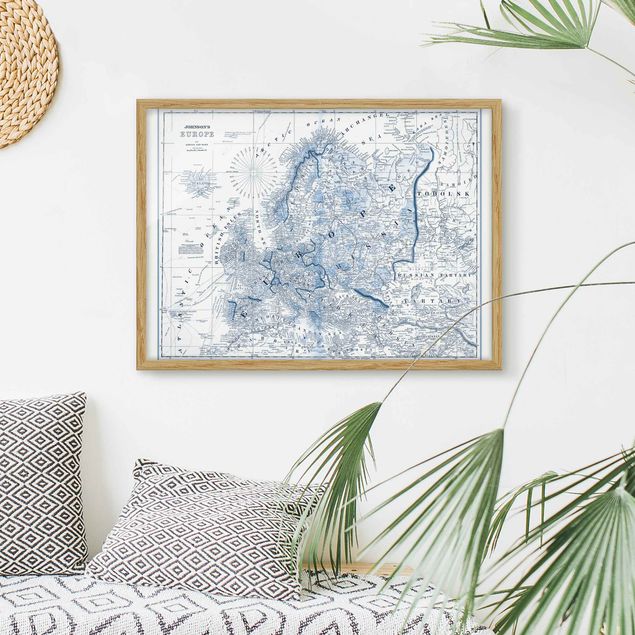 Quadros com moldura mapa-múndi Map In Blue Tones - Europe