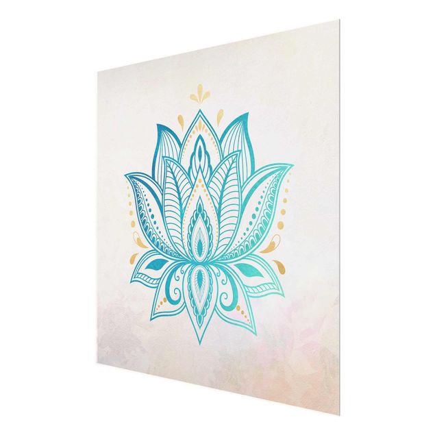 Quadros em turquesa Lotus Illustration Mandala Gold Blue