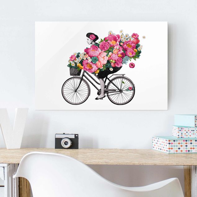 quadro em vidro Illustration Woman On Bicycle Collage Colourful Flowers