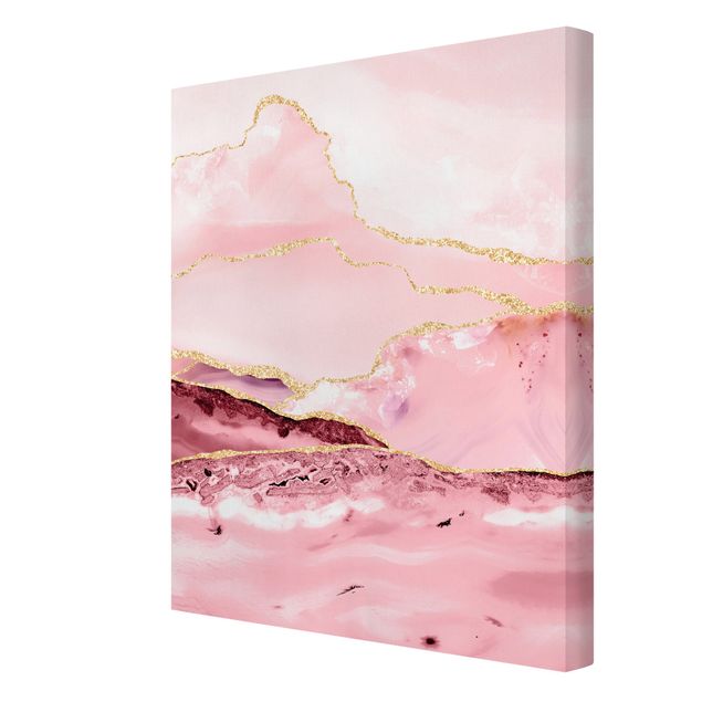 Telas decorativas padrões Abstract Mountains Pink With Golden Lines