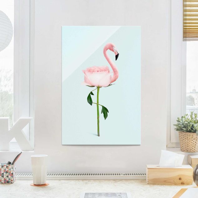 Quadros em vidro de rosas Flamingo With Rose