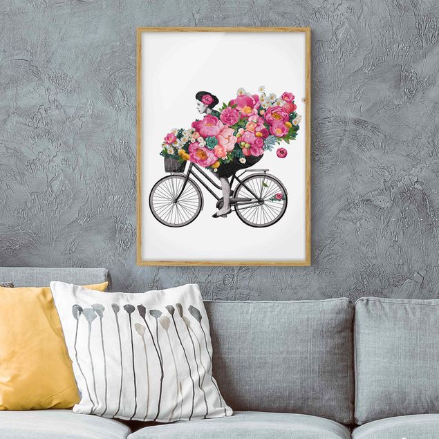 decoraçoes cozinha Illustration Woman On Bicycle Collage Colourful Flowers