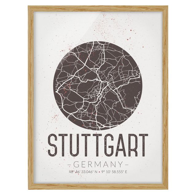 Quadros com moldura mapa-múndi Stuttgart City Map - Retro