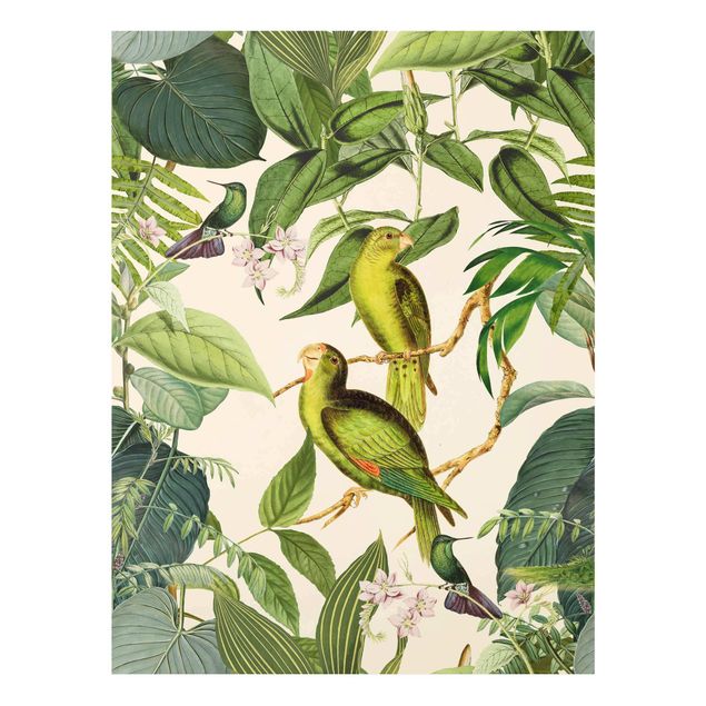 quadros flores Vintage Collage - Parrots In The Jungle