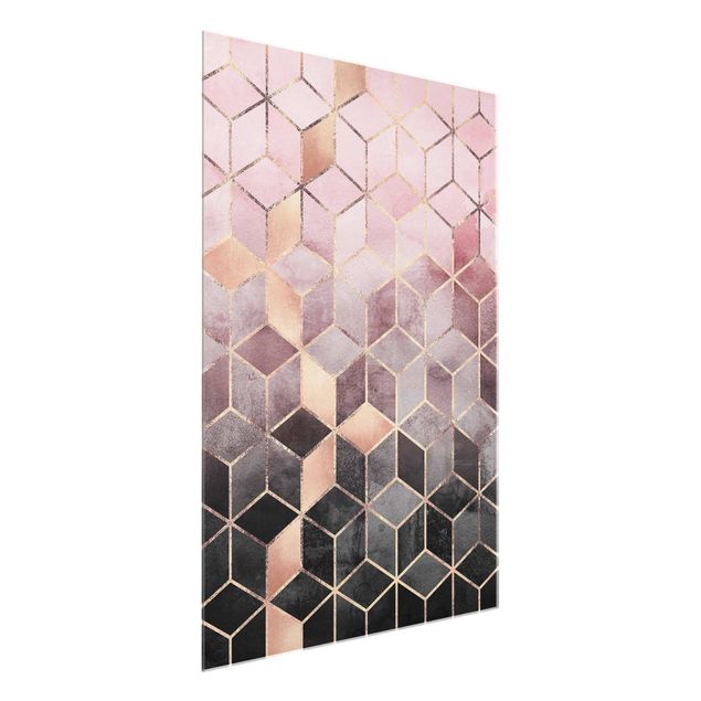 Quadros em vidro abstratos Pink Grey Golden Geometry