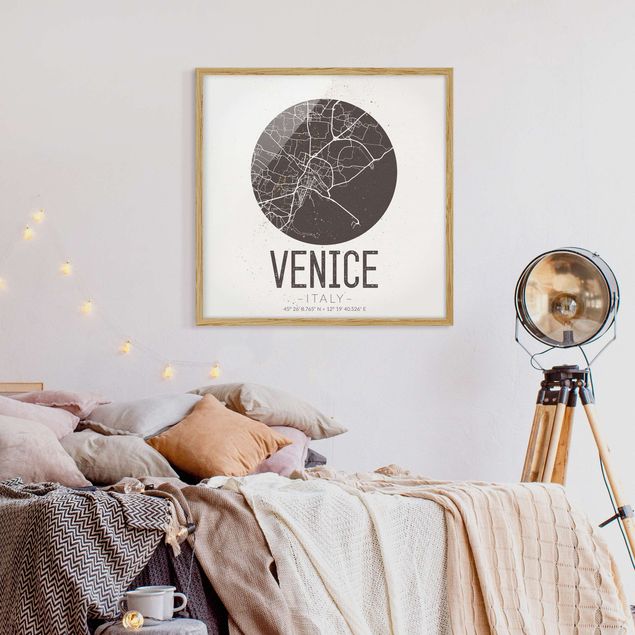 Quadros com moldura em preto e branco Venice City Map - Retro