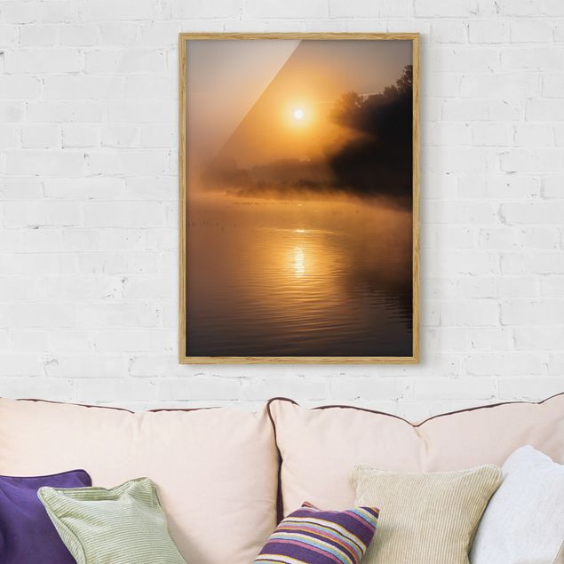 quadro com paisagens Sunrise on the lake with deers in the fog