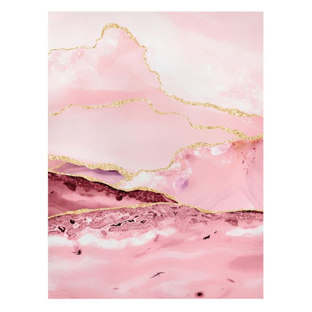 Telas decorativas réplicas de quadros famosos Abstract Mountains Pink With Golden Lines