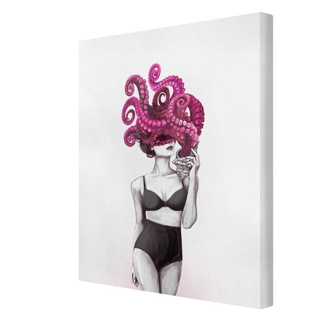 Telas decorativas réplicas de quadros famosos Illustration Woman In Underwear Black And White Octopus