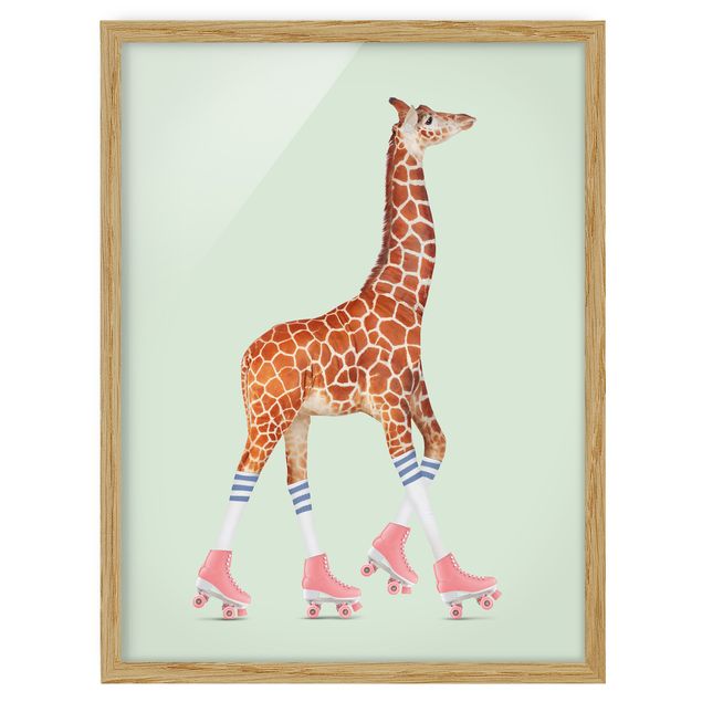 Quadros com moldura animais Giraffe With Roller Skates