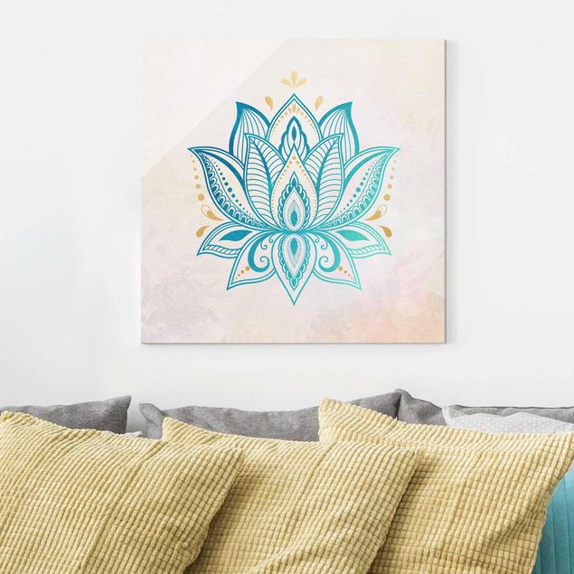 decoraçao para parede de cozinha Lotus Illustration Mandala Gold Blue
